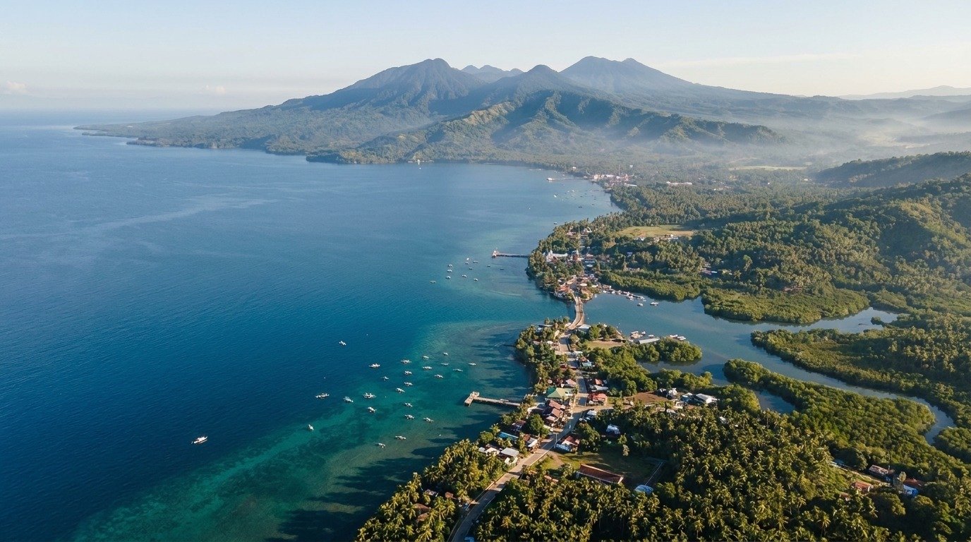 Aerial view of the Misamis Occidental coastline, with a fishing village along the shore backed by mountains